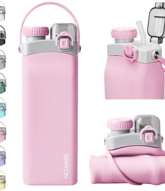 Collapsible Water Bottles, 20oz Silicone Reusable Water Bottle with Straw and Strap, Leakproof Foldable Sports Water Bottle for Travel Camping Running Hiking Gym, BPA Free